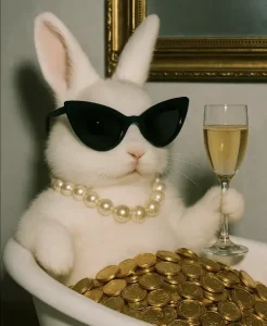 rabbit drinking champaign and being in a bath